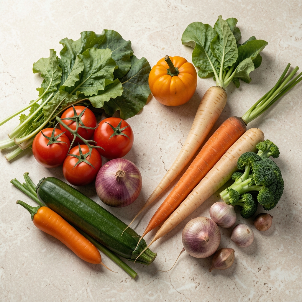 Seasonal vegetables arranged on a pale stone surface, overhead composition, natural daylight