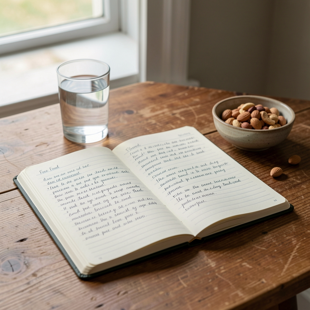 Handwritten food journal open on a wooden table with a glass of water and a small ceramic bowl of nuts nearby, natural light from a window