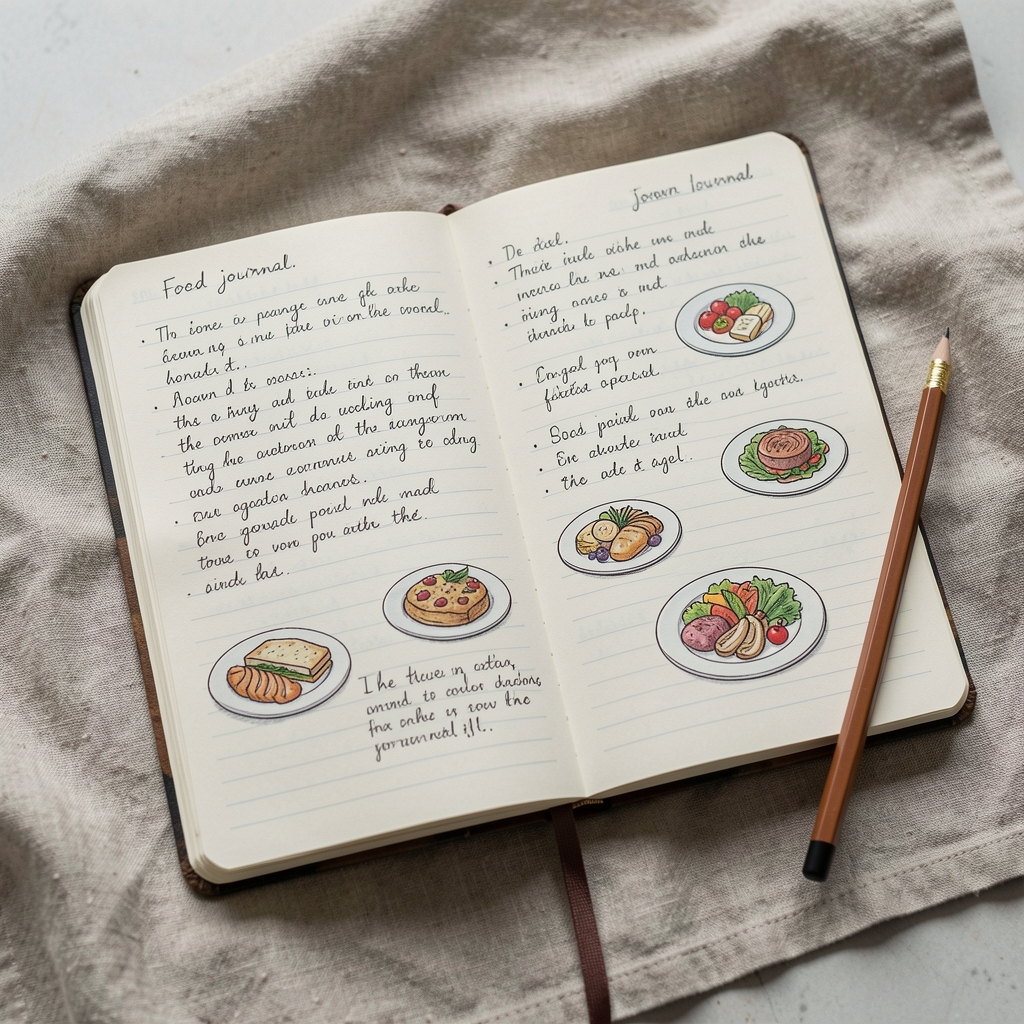 Open food journal notebook with handwritten notes and small drawings of plates, placed on a linen cloth with a pencil beside it