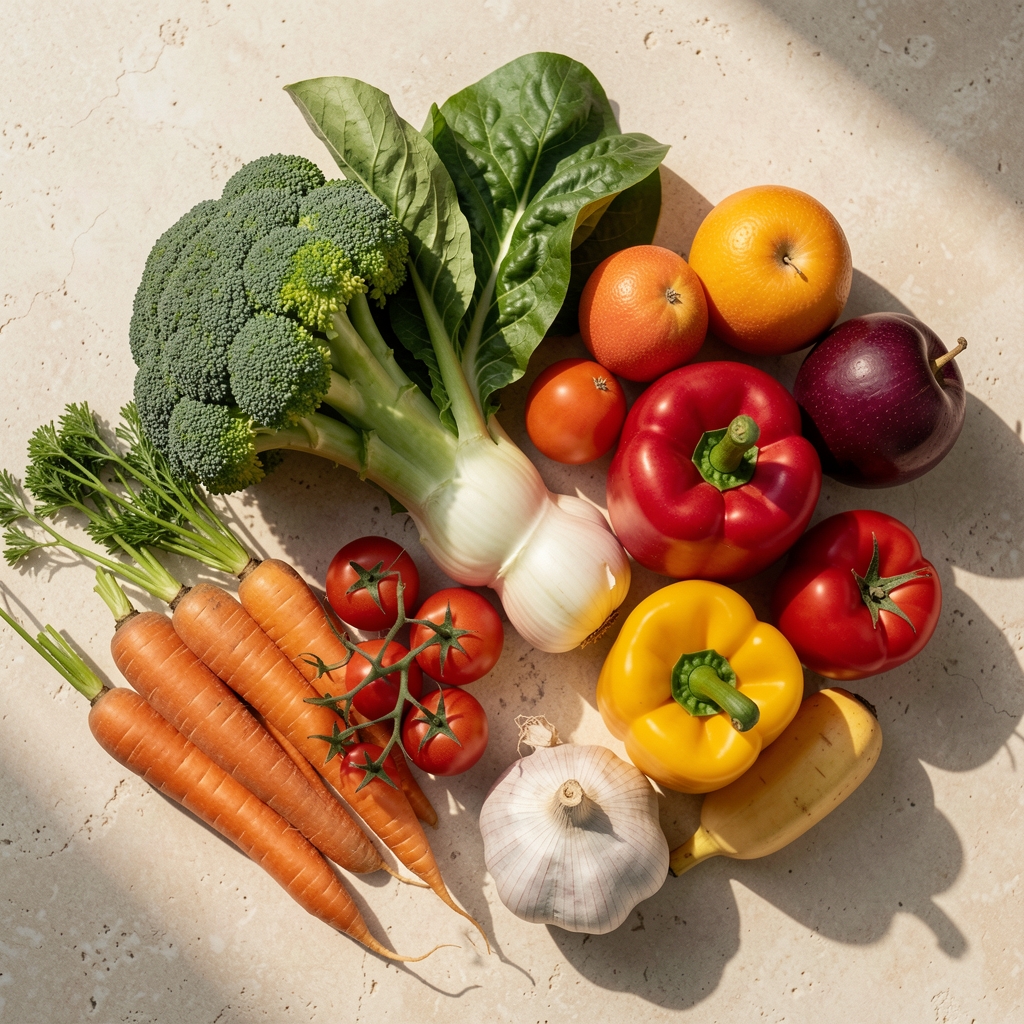 Fresh seasonal vegetables and fruit arranged on a pale stone surface in morning light, overhead composition
